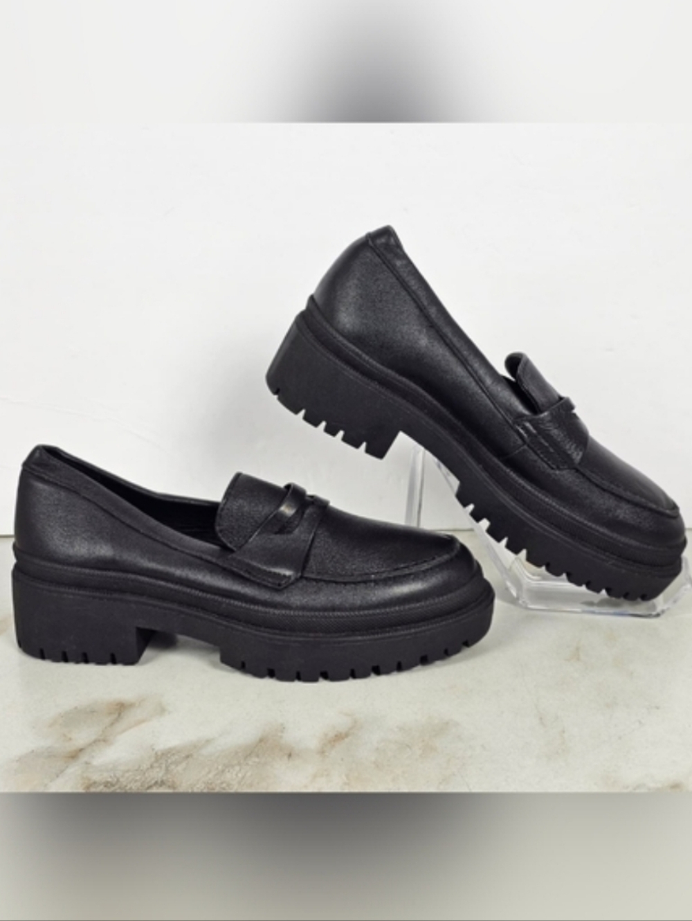 Patina Black Leather Platform Loafers